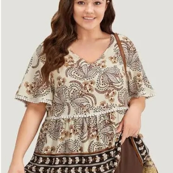 BloomChic Tops - NEW Bloomchic Paisley V Neck Pompom Trim  Flutter Sleeve Top 2x